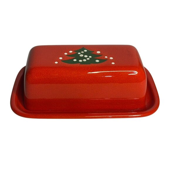 Vintage Waechtersbach Christmas Tree Butter Dish | Red Holiday Stoneware Germany - Picture 1 of 8